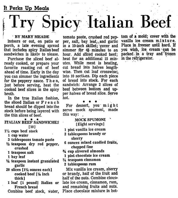 The recipe for Italian beef sandwiches is first mentioned in the Chicago Tribune on May 26, 1962. (Chicago Tribune)