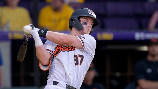 Oregon State infielder Travis Bazzana bats against Sam Houston State on June 2, 2023 in Baton Rouge, La. (Matthew Hinton - The Associated Press)