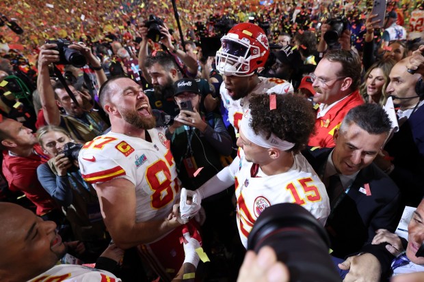 GLENDALE, ARIZONA - FEBRUARY 12: Travis Kelce #87 and Patrick Mahomes #15 of the Kansas City Chiefs celebrate after defeating the Philadelphia Eagles 38-35 in Super Bowl LVII at State Farm Stadium on February 12, 2023 in Glendale, Arizona. (Photo by Gregory Shamus/Getty Images)