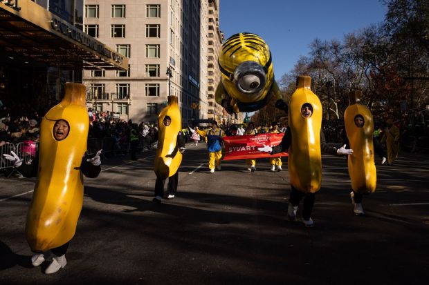 Stuart The Minion balloon is seen during the 97th Annual Macy's Thanksgiving Day Parade in New York on November 23, 2023. (Photo by Yuki IWAMURA / AFP) (Photo by YUKI IWAMURA/AFP via Getty Images)