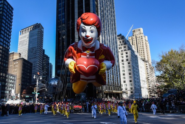 NEW YORK, NEW YORK - NOVEMBER 23: The Ronald McDonald balloon floats in Macy's annual Thanksgiving Day Parade on November 23, 2023 in New York City. Thousands of people lined the streets to watch the 25 balloons and hundreds of performers march in this parade happening since 1924. (Photo by Stephanie Keith/Getty Images)