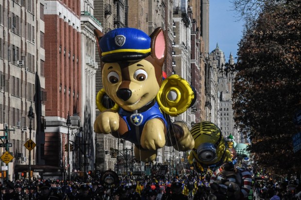 NEW YORK, NEW YORK - NOVEMBER 23: The Paw Patrol balloon floats in Macy's annual Thanksgiving Day Parade on November 23, 2023 in New York City. Thousands of people lined the streets to watch the 25 balloons and hundreds of performers march in this parade happening since 1924. (Photo by Stephanie Keith/Getty Images)