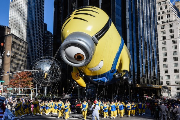 NEW YORK, NEW YORK - NOVEMBER 23: The Stuart the Minion balloon floats in Macy's annual Thanksgiving Day Parade on November 23, 2023 in New York City. Thousands of people lined the streets to watch the 25 balloons and hundreds of performers march in this parade happening since 1924. (Photo by Stephanie Keith/Getty Images)