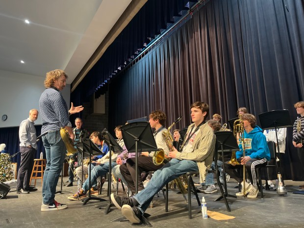 Canadian jazz musician Jeff Antoniuk gives advice to the jazz ensemble at Bay High School, 29230 Wolf Road in Bay Village, on Dec. 4. (Martin McConnell -- The Morning Journal)