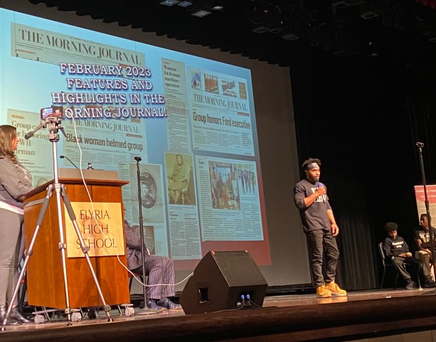 Elyria Black Legacy Connection founder Ethan West delivers a historical presentation at Elyria's MLK Day event Jan. 15. (John Elrod -- The Morning Journal)