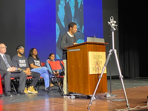 Elyria High School student Dekarion Wimberly speaks at Elyria's MLK day event Jan. 15. (John Elrod -- The Morning Journal)