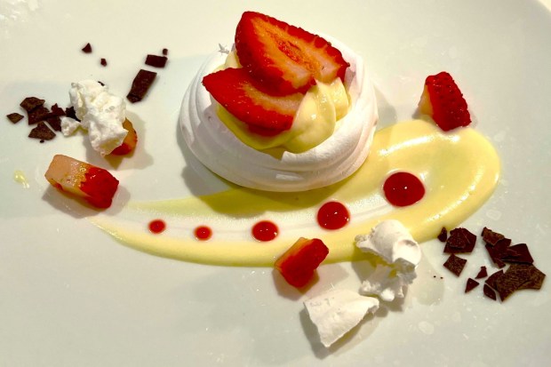 Strawberry pavlova is a featured dessert on an Emerald cruise. (Photo by David Dickstein)