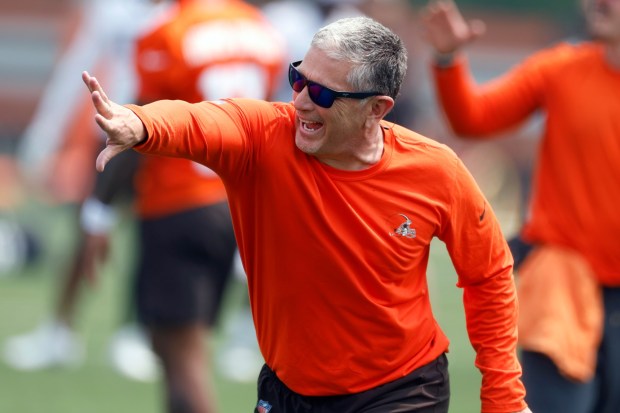 Jim Schwartz directs a drill June 6. (Ron Schwane - The Associated Press)