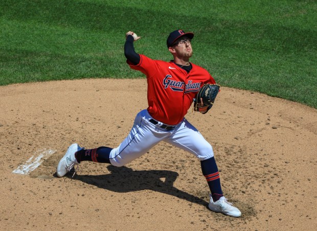 Tanner Bibee delivers to the Rockies during his MLB debut on April 26 at Progressive Field. (Tim Phillis - For The News-Herald)