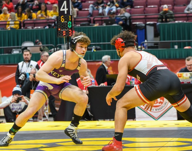 Keystone's Tristin Greene dominated on his way to a state title at the 2023 Division III state wrestling tournament. (Steve Hare For The Morning Journal)