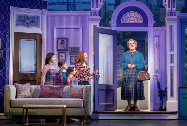 Giselle Guitierrez, left, Cody Braverman, Emerson MaeChan, Maggie Lakis and Rob McClure - as Euphegenia Doubtfire -- perform in the North American Tour of "Mrs. Doubtire." Fun fact: Lakis and McClure are married. (Joan Marcus)